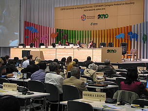 Sala de discussões do grupo de trabalho da CDB. Representantes dos países acompanham as discussões.