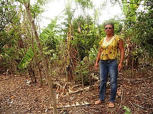 Rosely em meio ao cultivo de variadas espécies em sistema agroflorestal