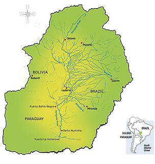 Mapa da bacia pantaneira que ultrapassa fronteiras de três países: Brasil, Bolívia e Paraguai. 
© WWF-Brasil