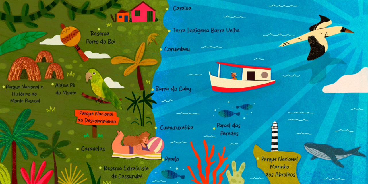 Ilustração em formato de mapa mostra a Rota das Marés no extremo sul da Bahia, integrando áreas terrestres e marinhas. À esquerda, em tons de verde, aparecem florestas, coqueiros, casas coloridas, instrumentos culturais, animais e pessoas, com os textos: Reserva Porto do Boi, Parque Nacional e Histórico do Monte Pascoal, Aldeia Pé do Monte, Parque Nacional do Descobrimento (em placa laranja), Caravelas e Reserva Extrativista de Cassurubá. No centro e à direita, o mar em tons de azul exibe ondas, peixes, coral, um barco, um farol, uma baleia e uma ave em voo, acompanhados dos textos: Caraíva, Terra Indígena Barra Velha, Corumbau, Barra do Cahy, Cumuruxatiba, Prado, Parcel das Paredes e Parque Nacional Marinho dos Abrolhos. A imagem conecta visualmente os destinos costeiros e áreas protegidas, destacando a relação entre natureza, cultura e turismo sustentável.