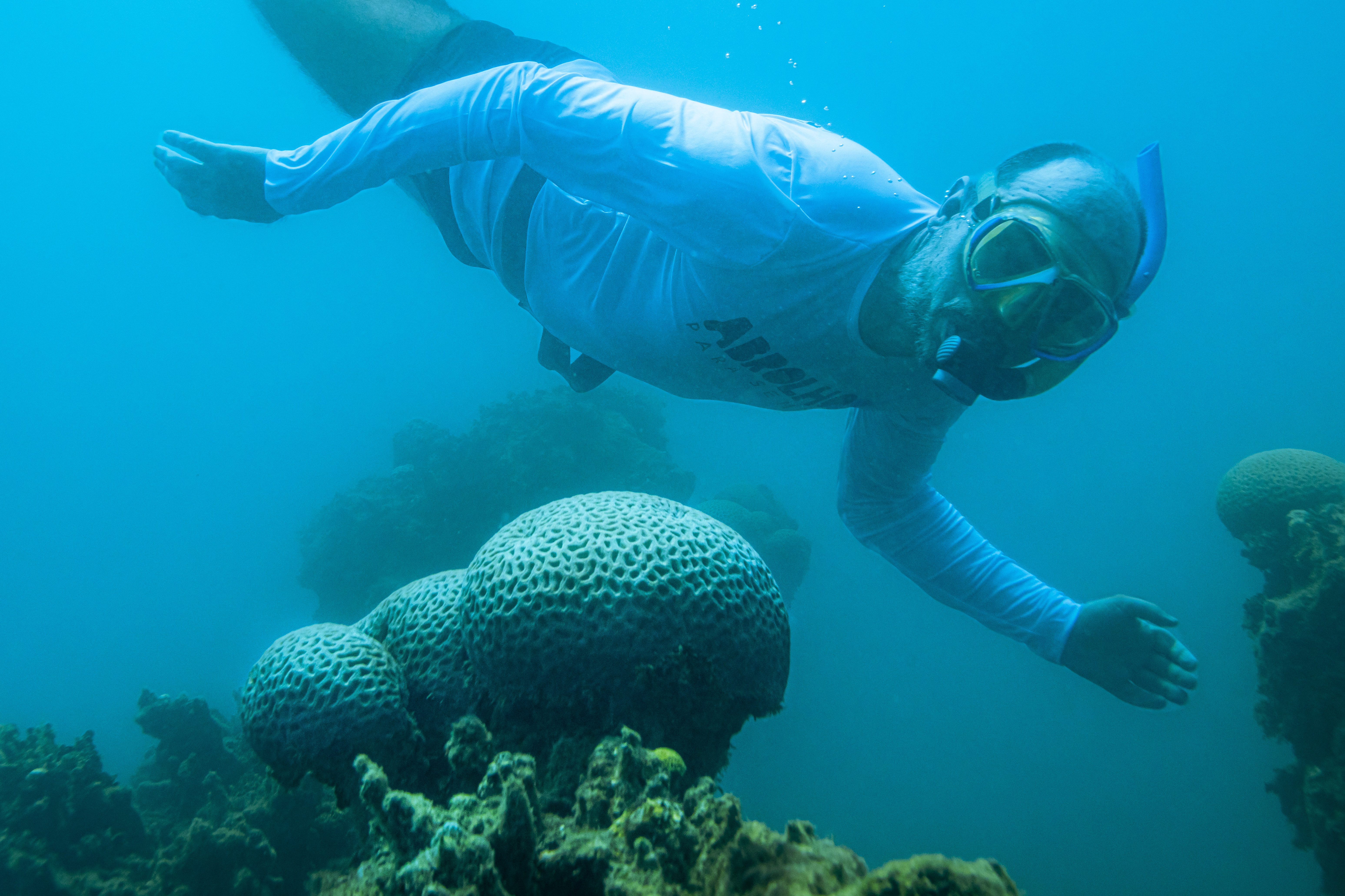 Pessoa equipada com máscara e snorkel flutua calmamente sobre formações de coral em águas claras, ilustrando atividades de turismo de natureza realizado de forma consciente em áreas marinhas protegidas da região dos Abrolhos.