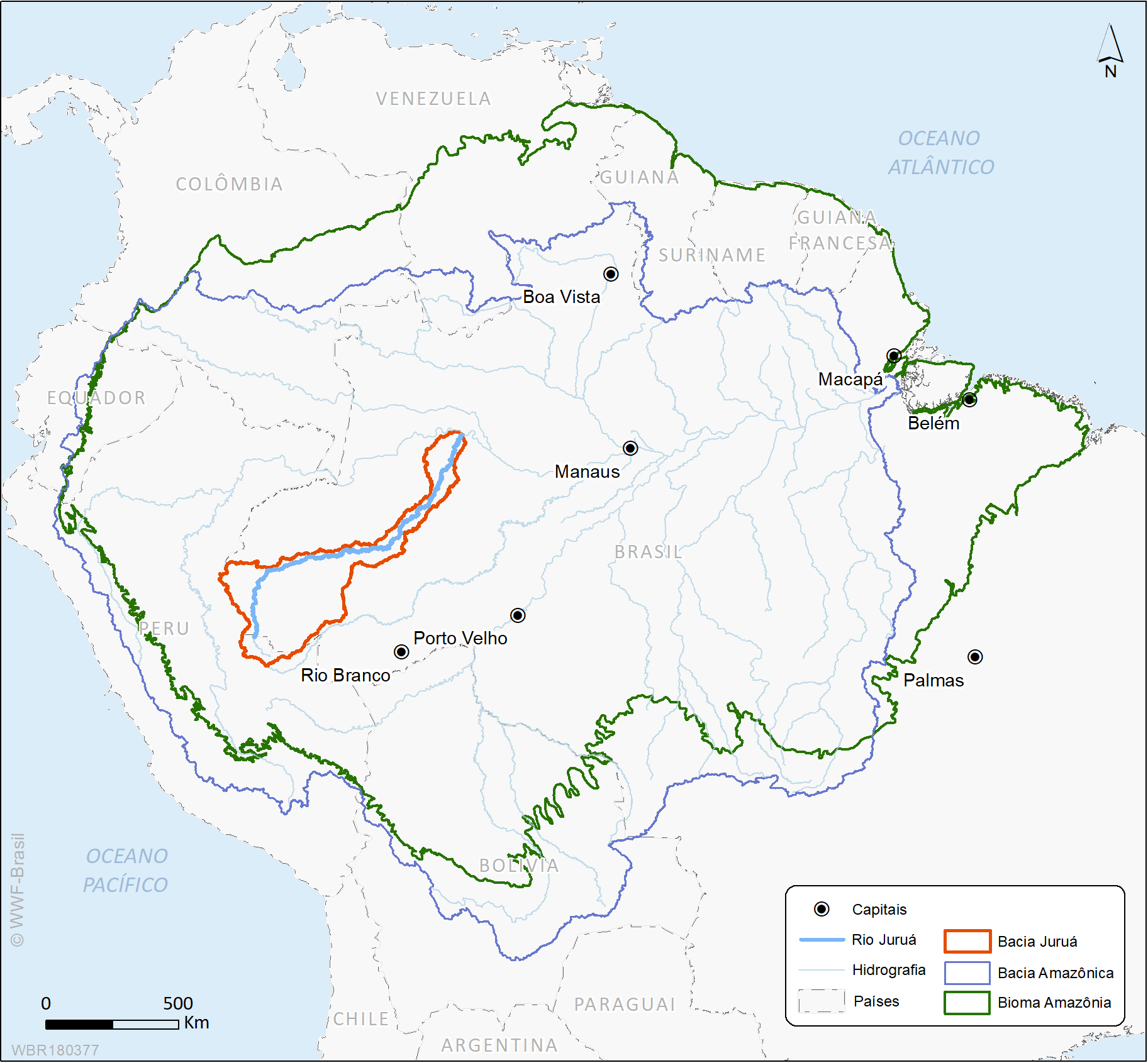 Mapa mostra a localização da bacia do Rio Juruá no interior da Amazônia
