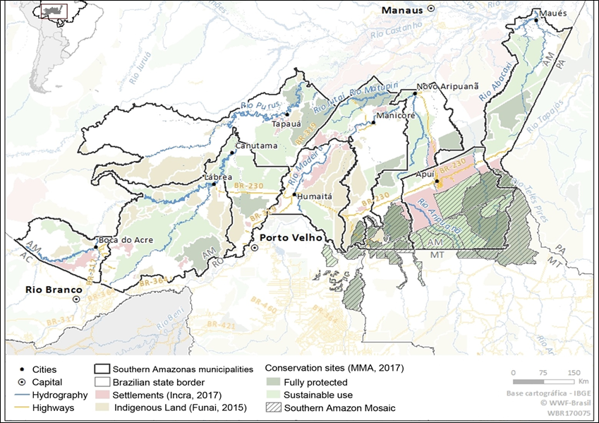 Mapa político do Sul do Amazonas, mostrando os municípios que fazem parte dessa região