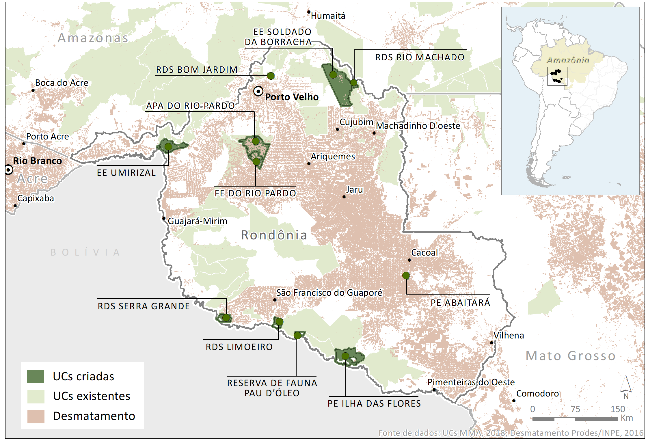 Mapa com as 11 unidades de conservação atacadas recentemente no estado de Rondônia
