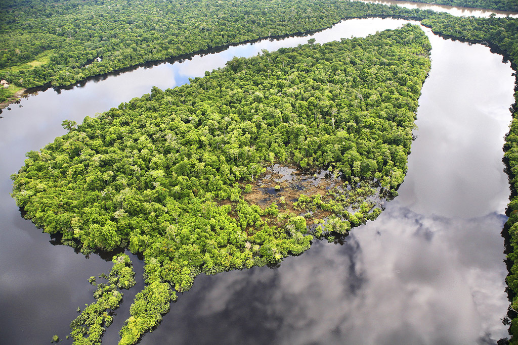 Vista aérea de rio na floresta Amazônica, região de Loreto, no Peru.