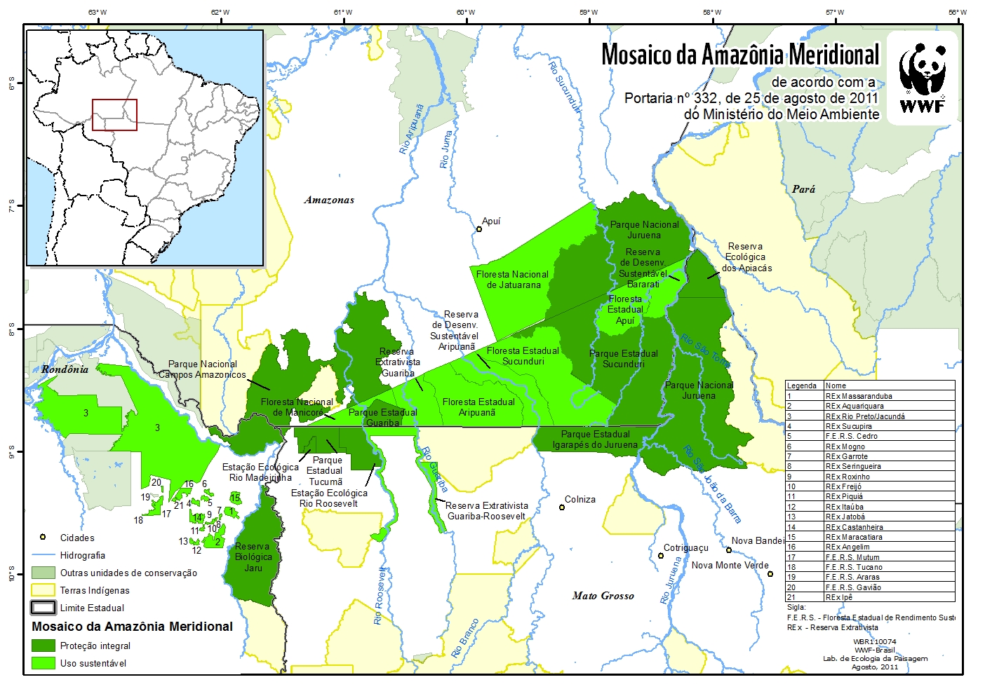 Mapa do Mosaico da Amazônia Meridional, de acordo com a Portaria n. 332, de 25 de agosto de 2011, do Ministério do Meio Ambiente.