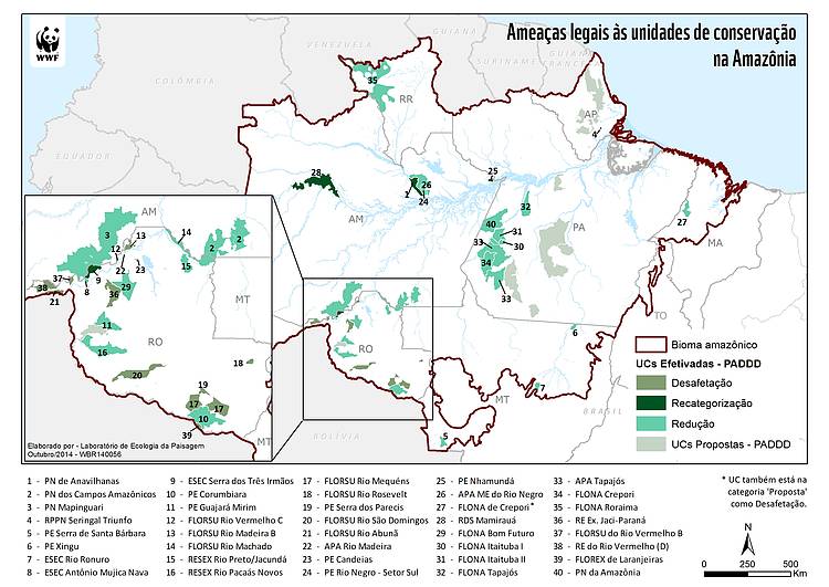  Mapa de Ameaças legais ás UCs de conservação na Amazônia 